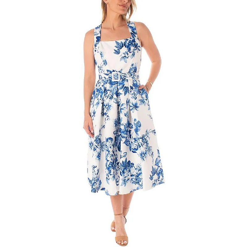 Womens Floral Print Belted Midi Dress