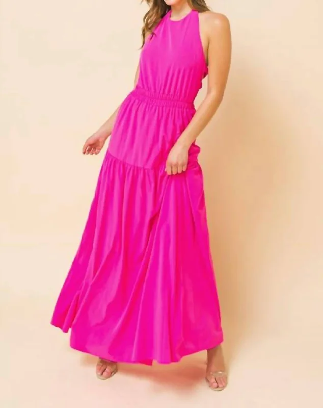 The Paulina Halter Top Maxi Dress In Neon Pink