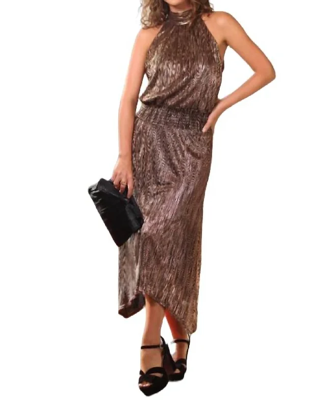 Smocked Pleated Maxi Dress In Copper