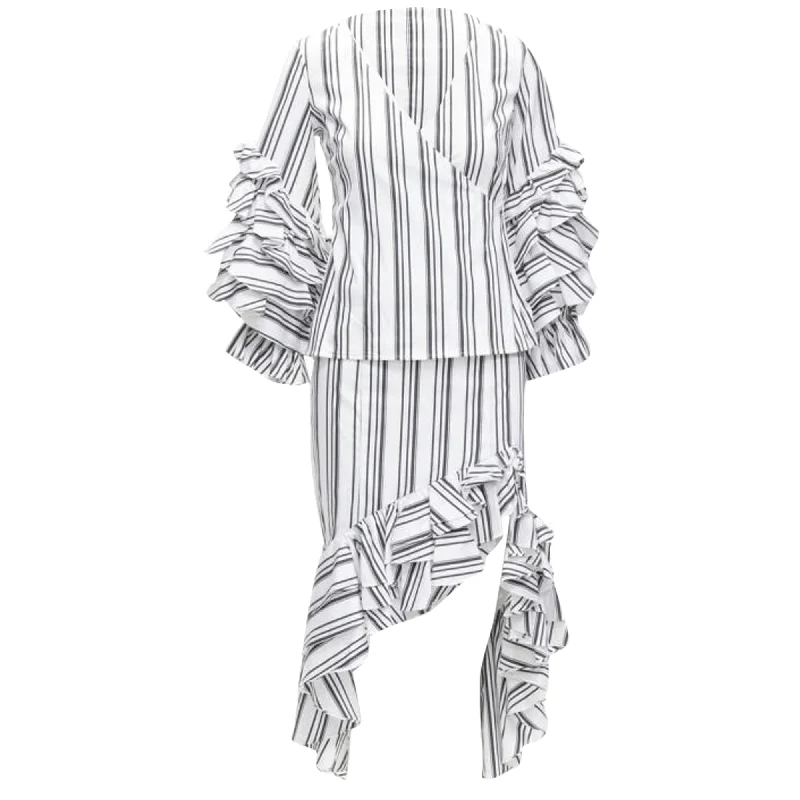 Caroline Constas ruffled stripes wrap top high low skirt set