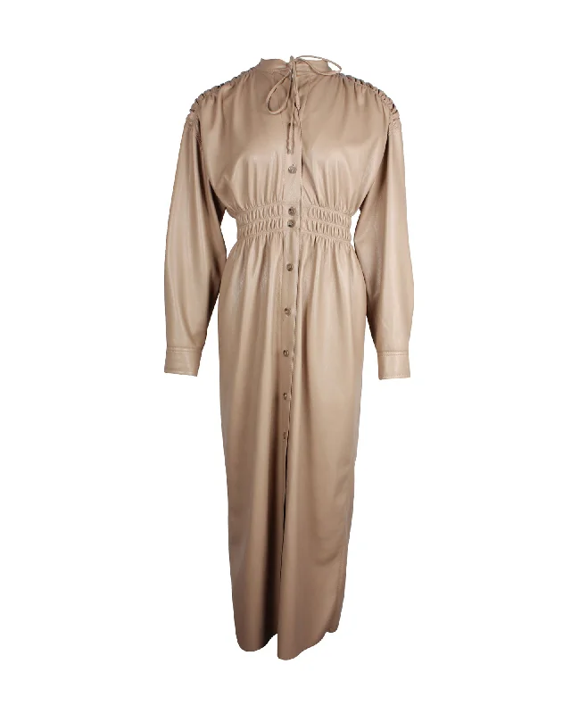 Nanushka Jayce Ruched Midi Dress in Light Brown Faux Leather