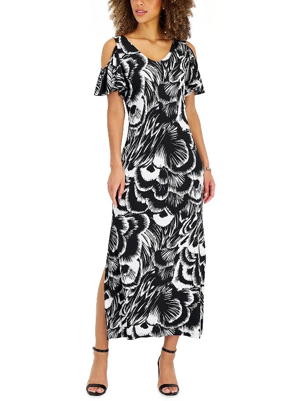 Petites Womens Printed Cold-Shoulder Maxi Dress