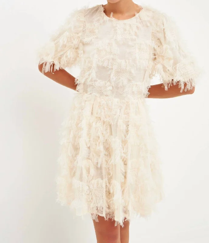 Feathered Sleeve Mini Dress In Ivory