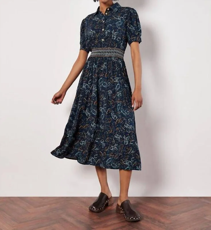 Paisley Smock Tiered Shirt Midi Dress In Navy