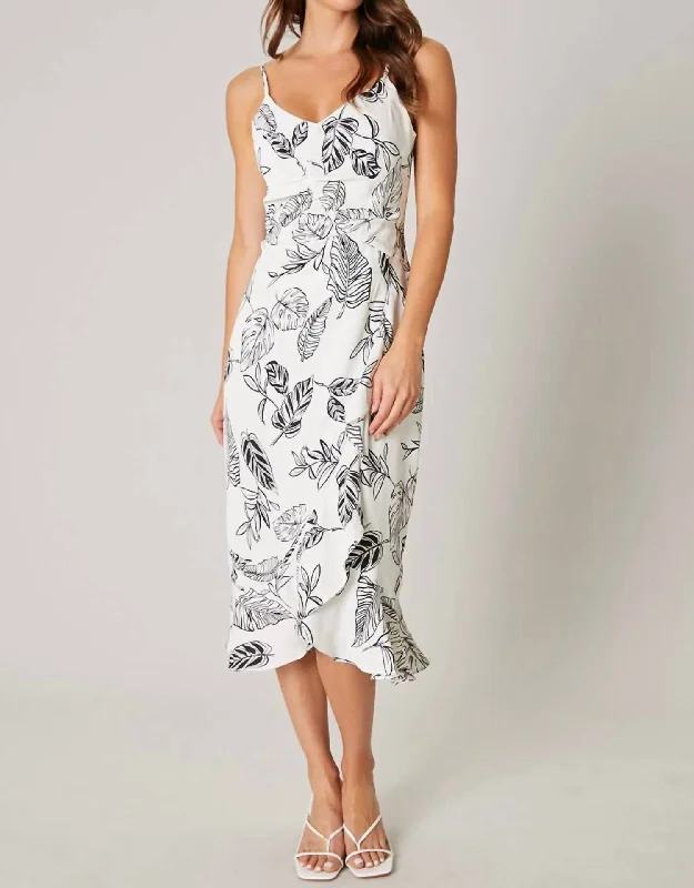 Tropical Print Ruched Midi Dress In White/black