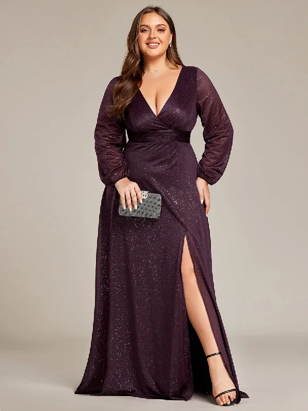 Plus Shiny Deep V Neck Wholesale Evening Gown With Short Sleeves