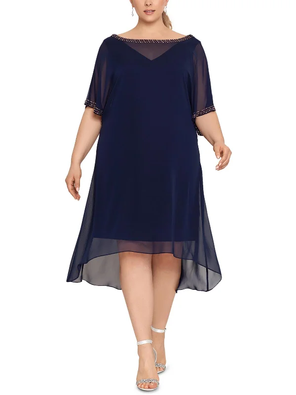 Plus Womens Chiffon Embellished Cocktail and Party Dress