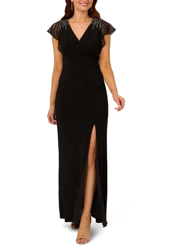 Womens Embellished Faux Wrap Evening Dress