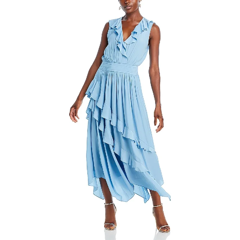 Womens Ruffled Shoulder Pads Midi Dress