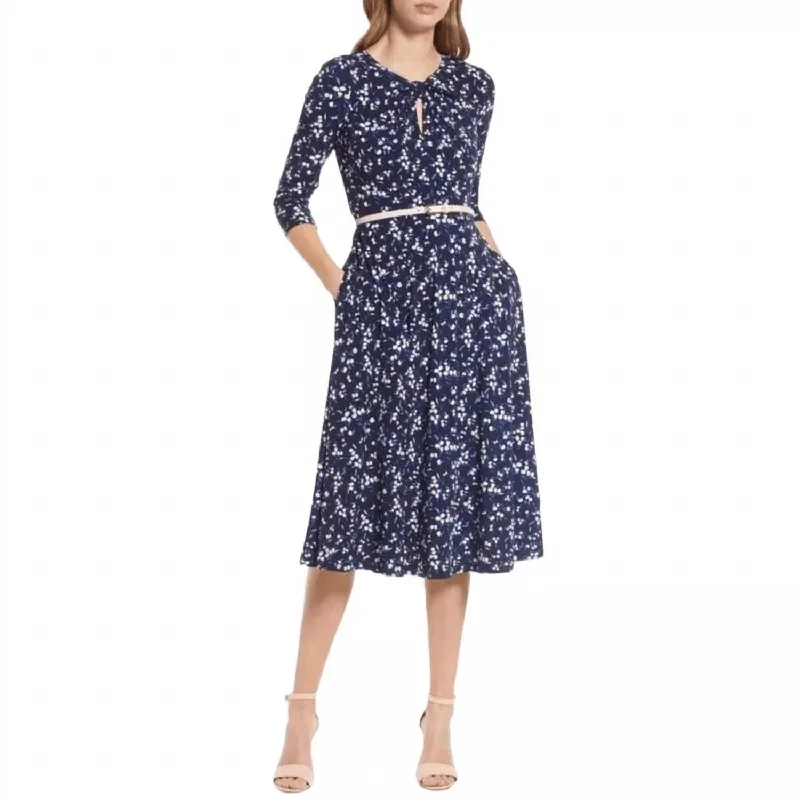 Belted Keyhole Floral Midi Dress In Navy