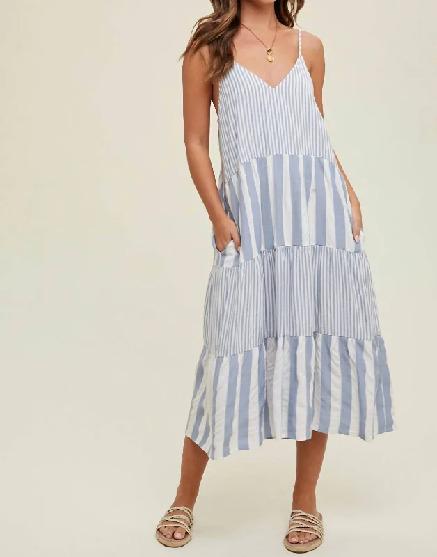 Tiered Multi-Striped Midi Dress In Blue