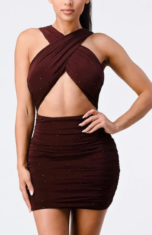 Crossover Mini Dress In Chocolate Brown