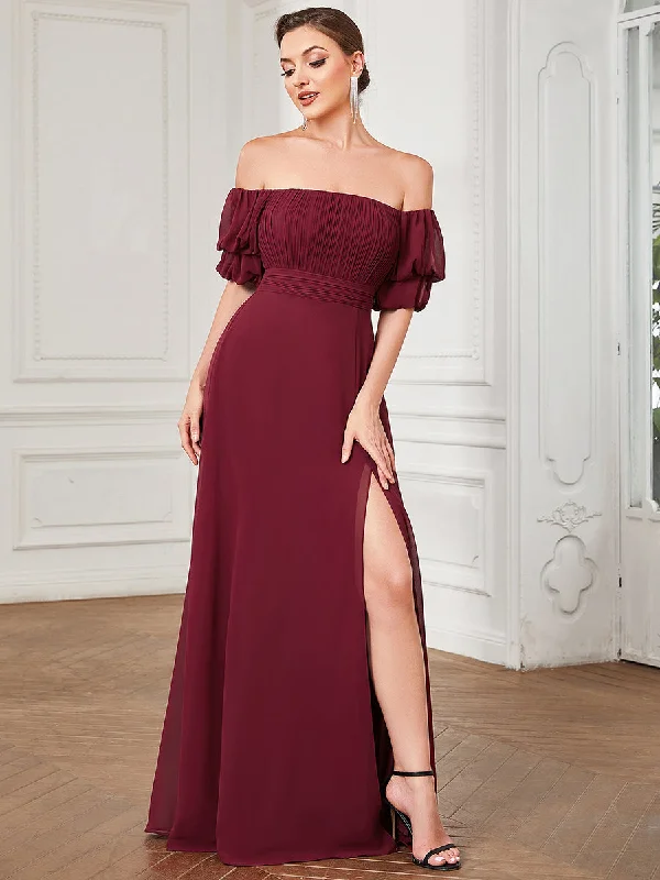 Off Shoulders Short Puff Sleeves Split Wholesale Evening Dresses