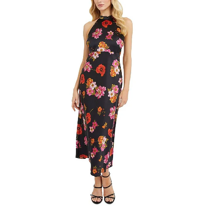 Womens Midi Floral Print Halter Dress