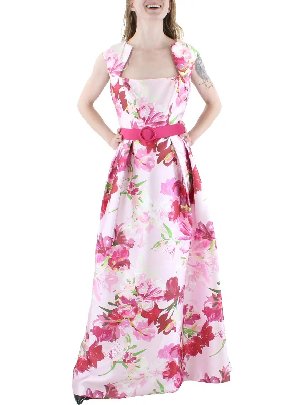 Womens Floral Pleated Evening Dress