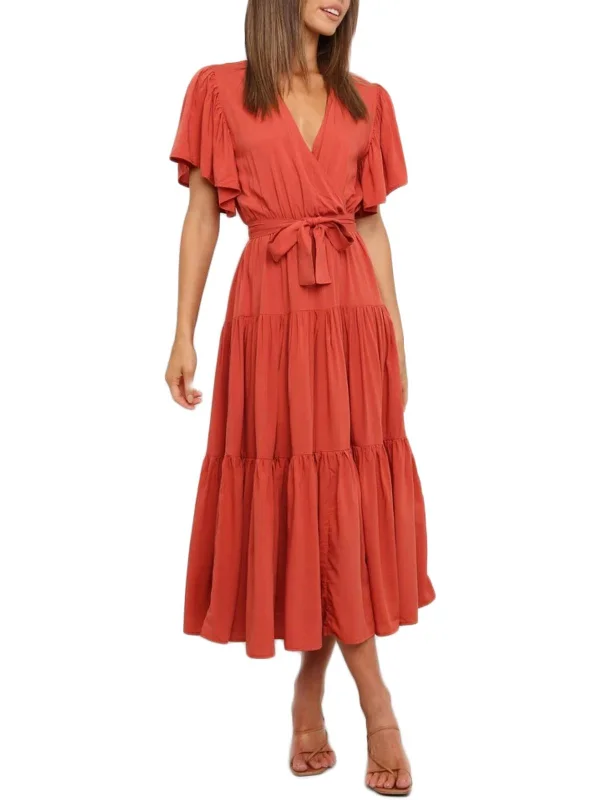 Womens Surplice Flutter Sleeves Maxi Dress