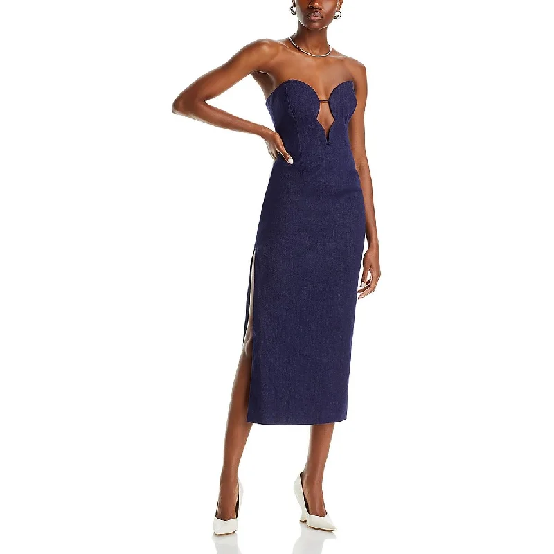 Eleni Womens Denim Plunging Midi Dress