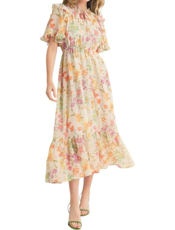 Floral Flutter Sleeve Midi Dress In Ivory/pink