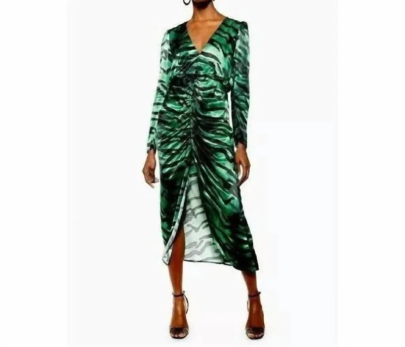 Zebra Print Ruched Puff Sleeve Satin Midi Dress In Green