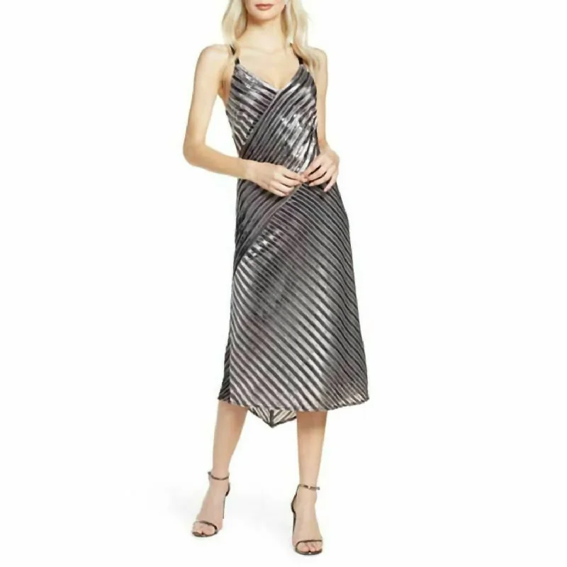 Metallic Stripes V Neck Cocktail Slip Midi Dress In Gray