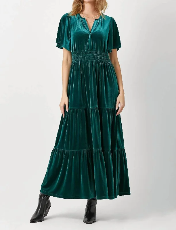 Ruffled Velvet Maxi Dress In Emerald