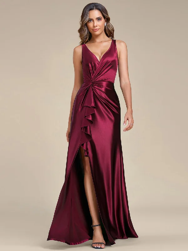 Elegant V Neck Split Ruffles Wholesale Stain Evening Dresses