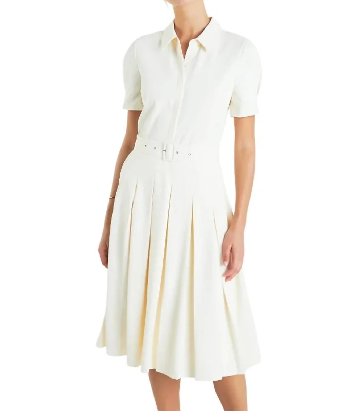 Pleated Collared Midi Dress In Cream