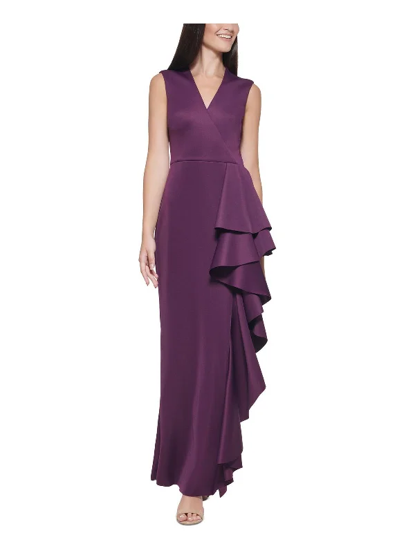 Womens Ruffled V Neck Evening Dress