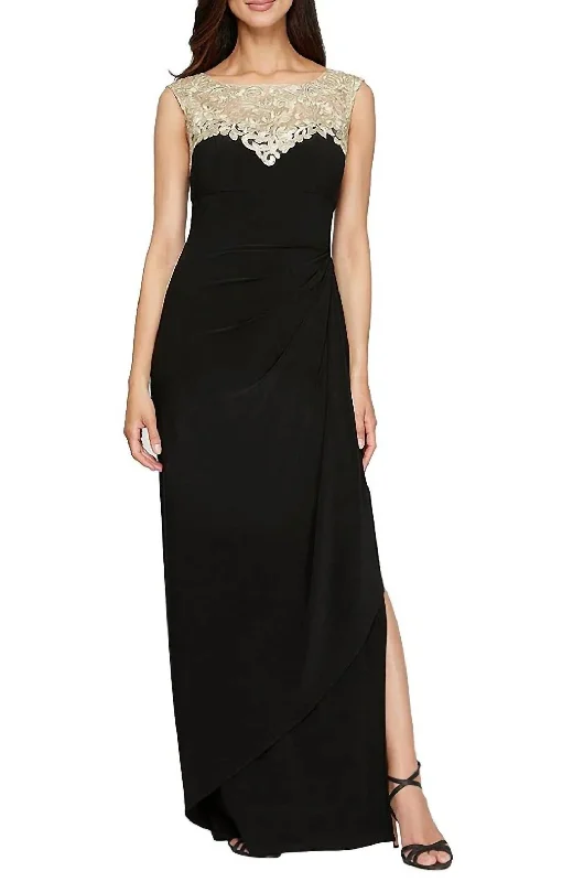 Embroidered Floral Illusion Long Jersey Gown In Black