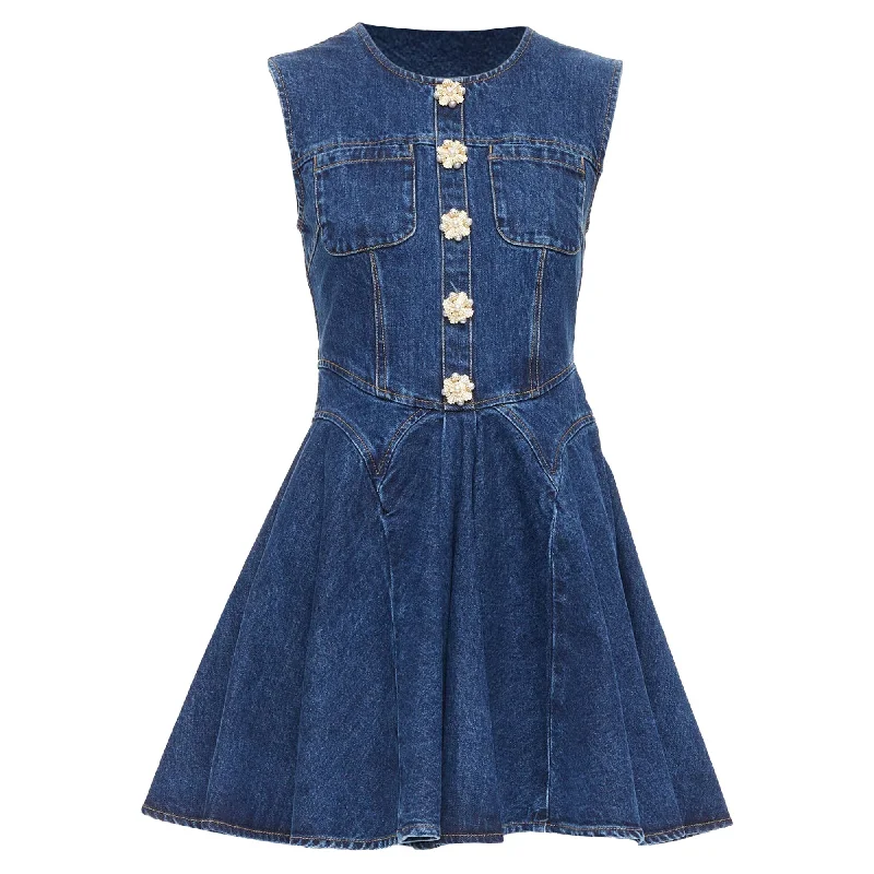 Self Portrait denim skater cotton buttons mini dress