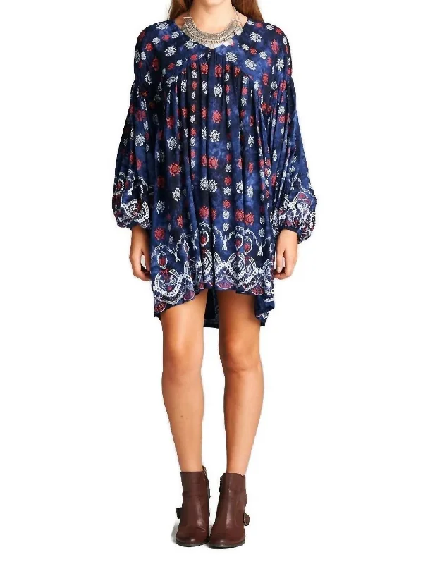 Baby Doll Bohemian Peasant Mini Dress In Blue