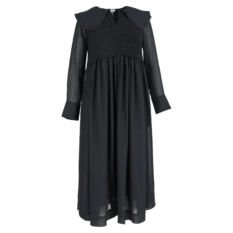 Ganni Smocked Bodice Midi Long Sleeve Dress in Black Polyester