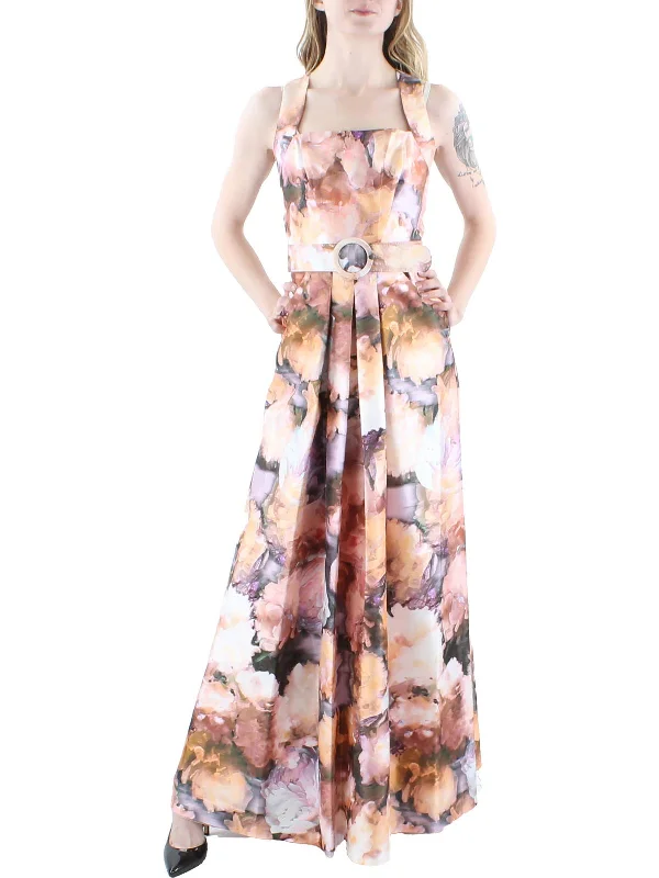 Womens Floral Pleated Evening Dress