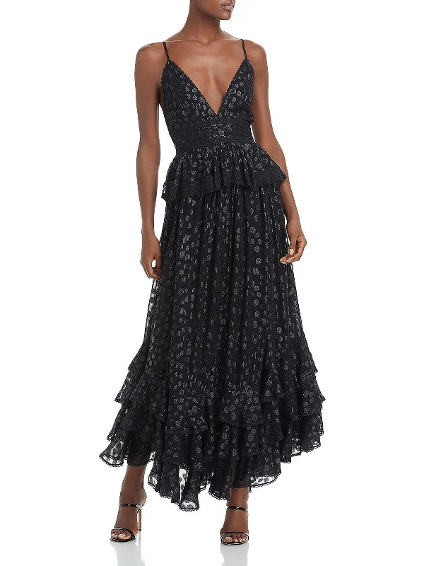 Womens Plunging Ruffled Maxi Dress